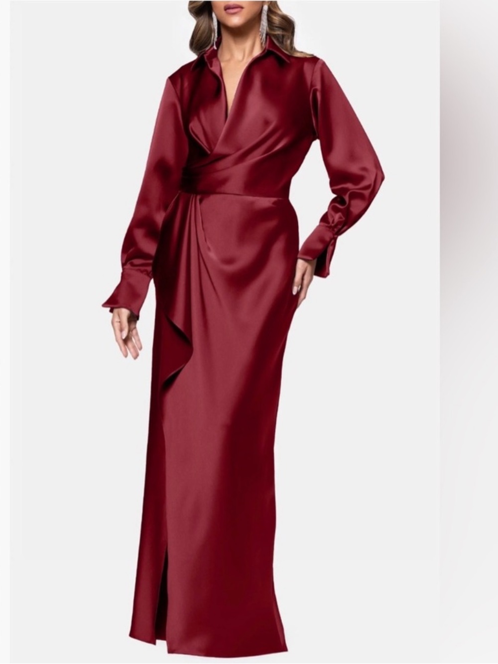 Xscape Evenings Emery Wine Satin Long Sleeve Collar Gown Dress Size 4 NWOT